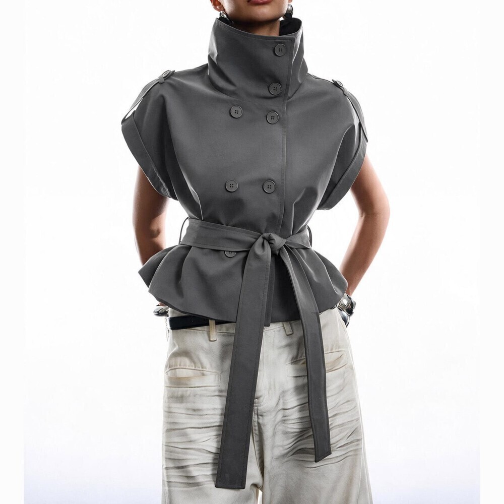 Gray Belted Double Breasted Cap Sleeve Peplum Trench Vest
